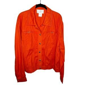 ST JOHN SPORT / bright orange gold studded button front linen blend jacket / L